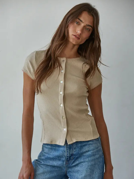 Ribbed Cardigan Top - Beige