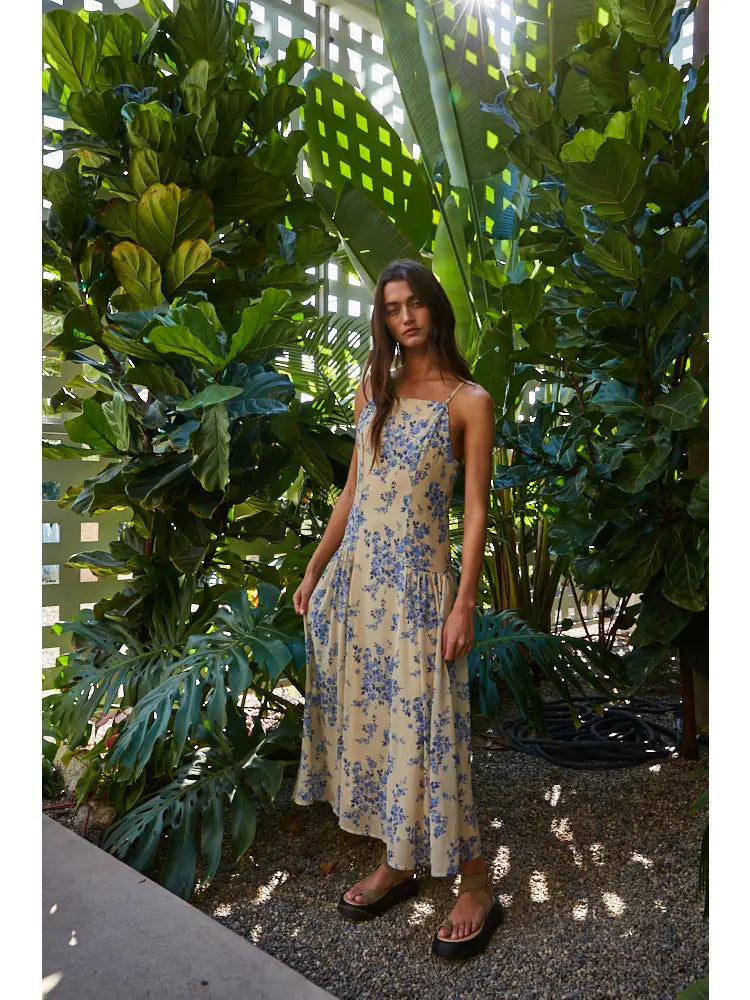 Floral Drop Waist Midi Dress - Lemon Blue