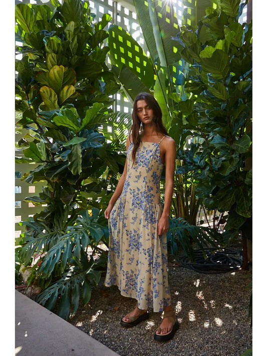 Floral Drop Waist Midi Dress - Lemon Blue
