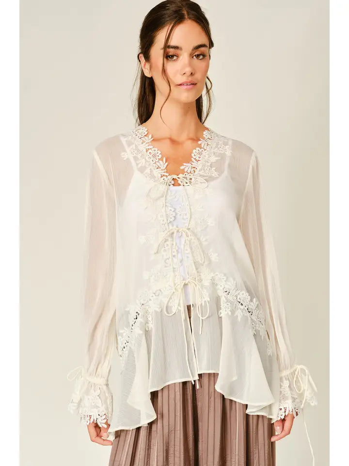 Sheer Lace Ruffle Cardigan Blouse Top - Cream
