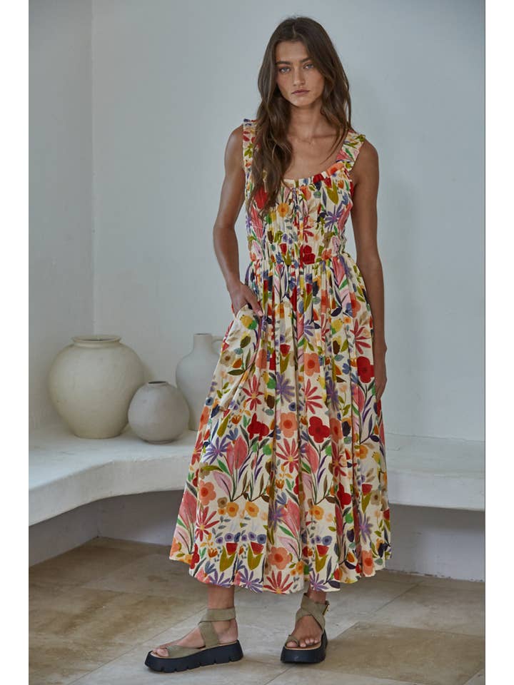 Woven Floral Midi Dress - Desert Tan Multi