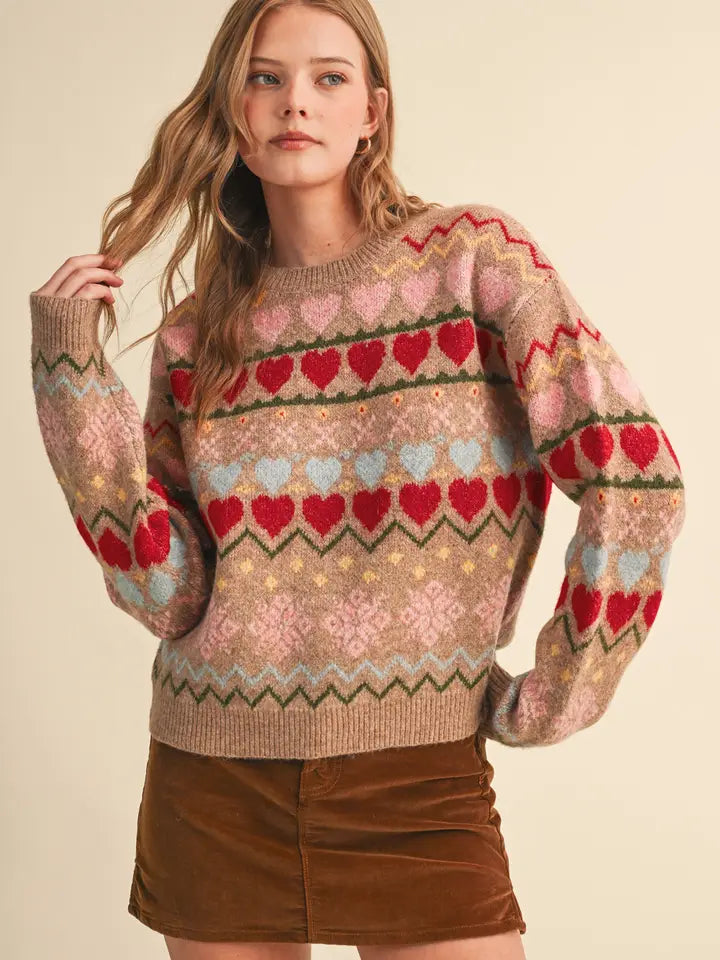 Geometric Heart Sweater - Desert Tan