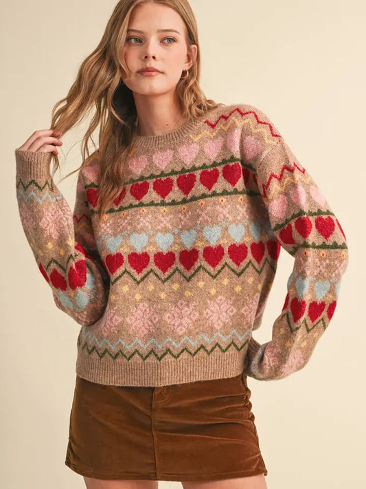 Geometric Heart Sweater - Desert Tan