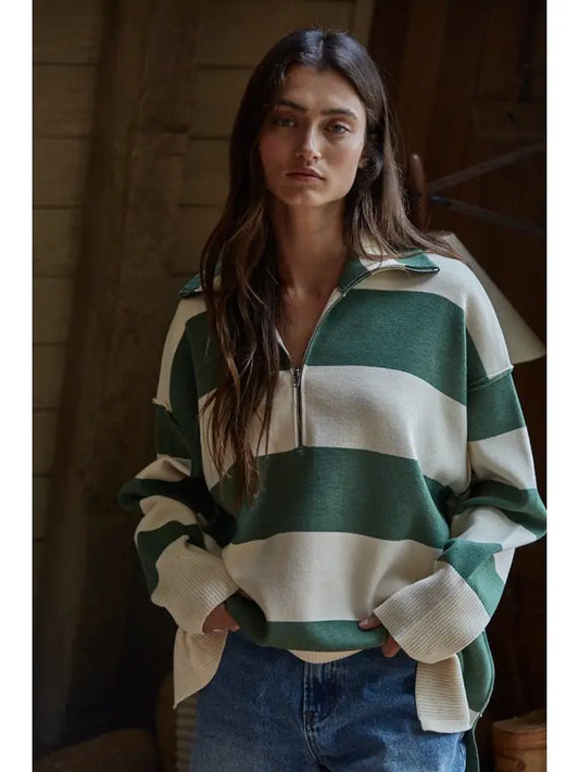 Striped Half Zip Sweater - Green Cream
