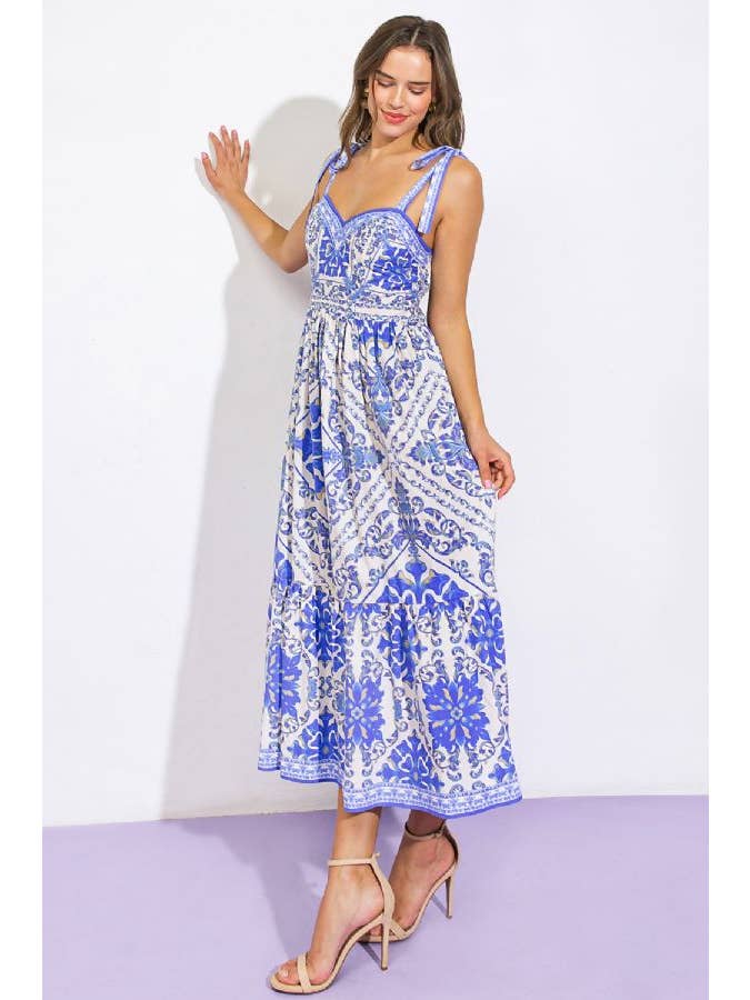 Printed Woven Midi Dress - Ivory Blue