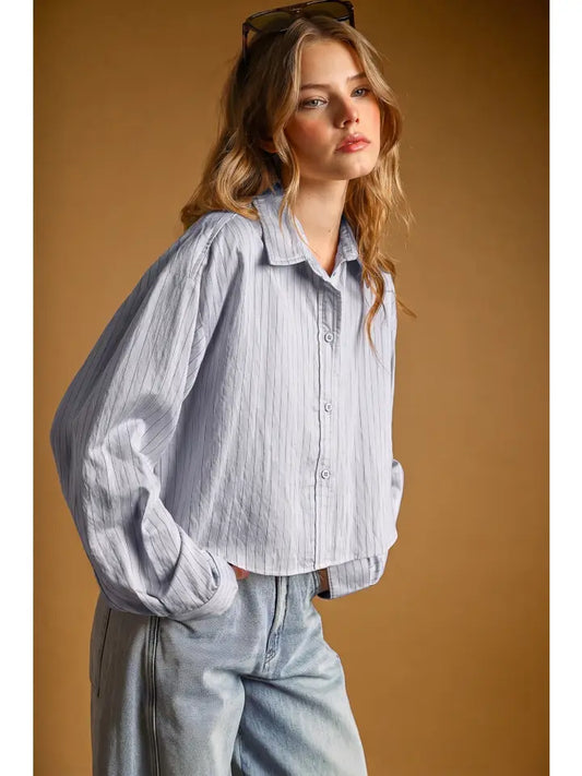Pinstripe Cropped Button Down - Silver Blue