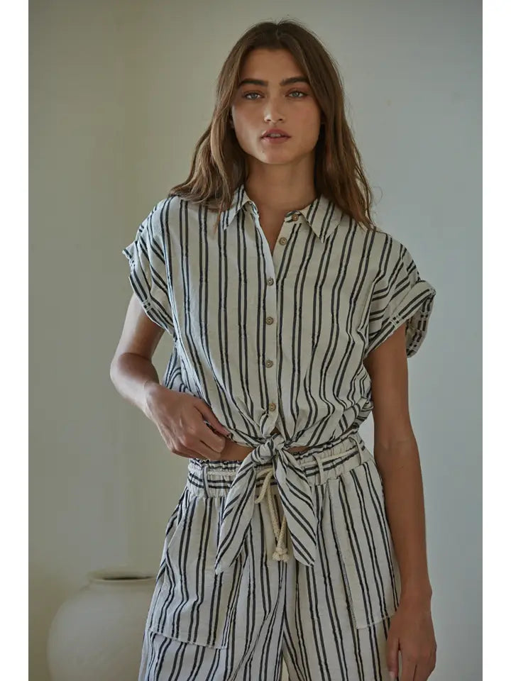 Striped Waist Tie Top - Linen Black