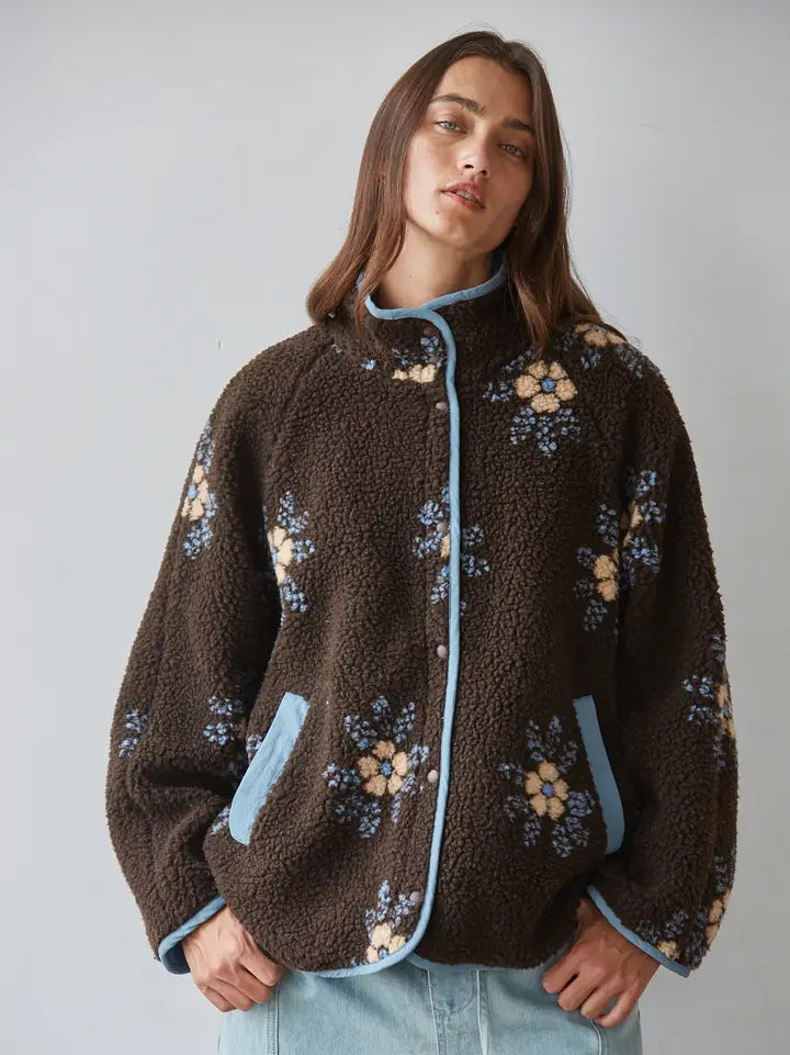 Floral Sherpa Fleece Jacket - Chocolate Brown