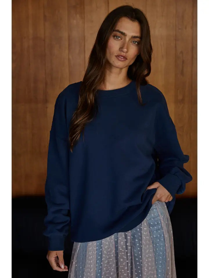 Pullover Top with Patch Work - Navy