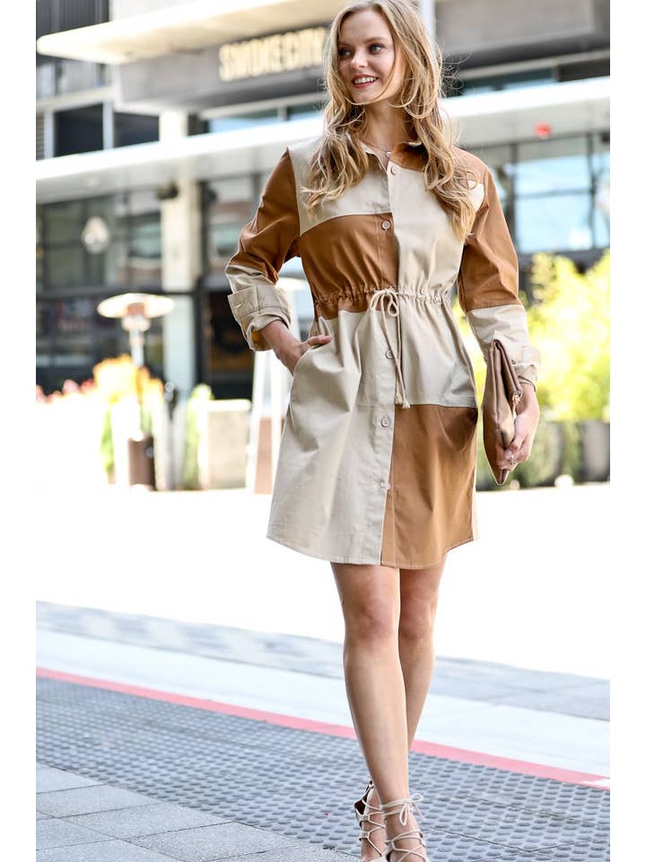 Patchwork Shirt Dress - Latte