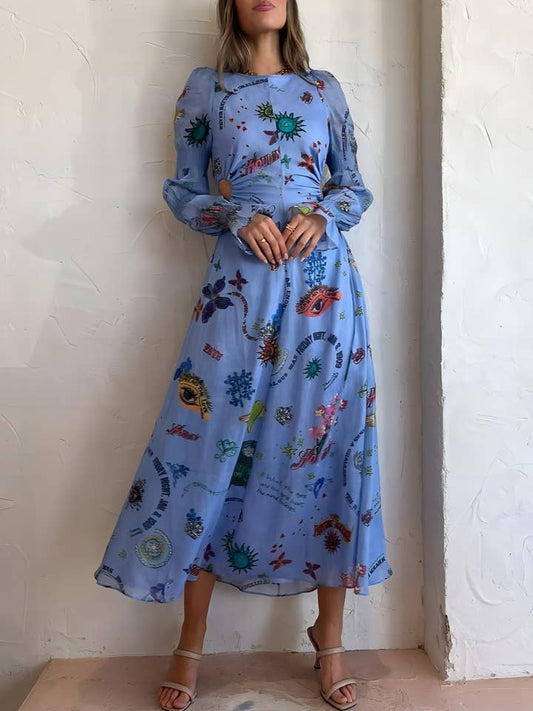 Balloon Sleeve Cut-Out Midi Dress - Blue