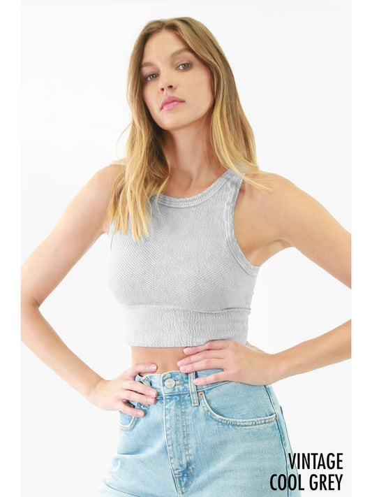 Chevron Highneck Crop Top - Vintage Cool Grey
