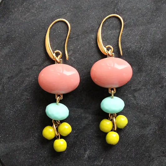 Vintage Coral Glass and Chartreuse Earrings