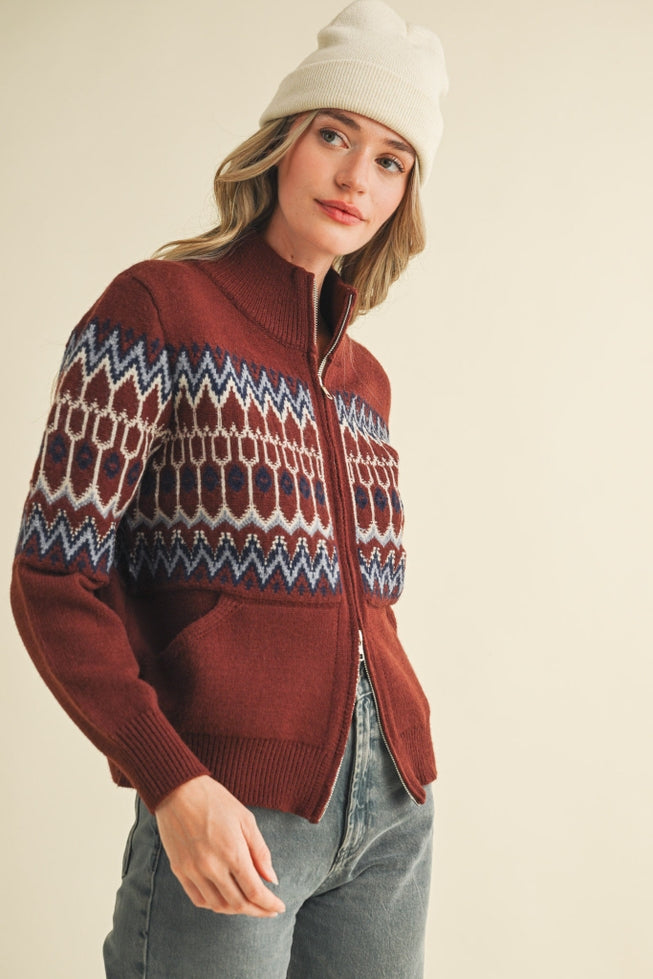 Fair Isle Zip Cardigan - Cocoa Brown