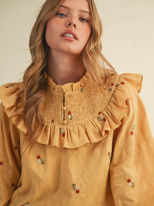 Smocked Yoke Embroidered Blouse - Ash Mustard