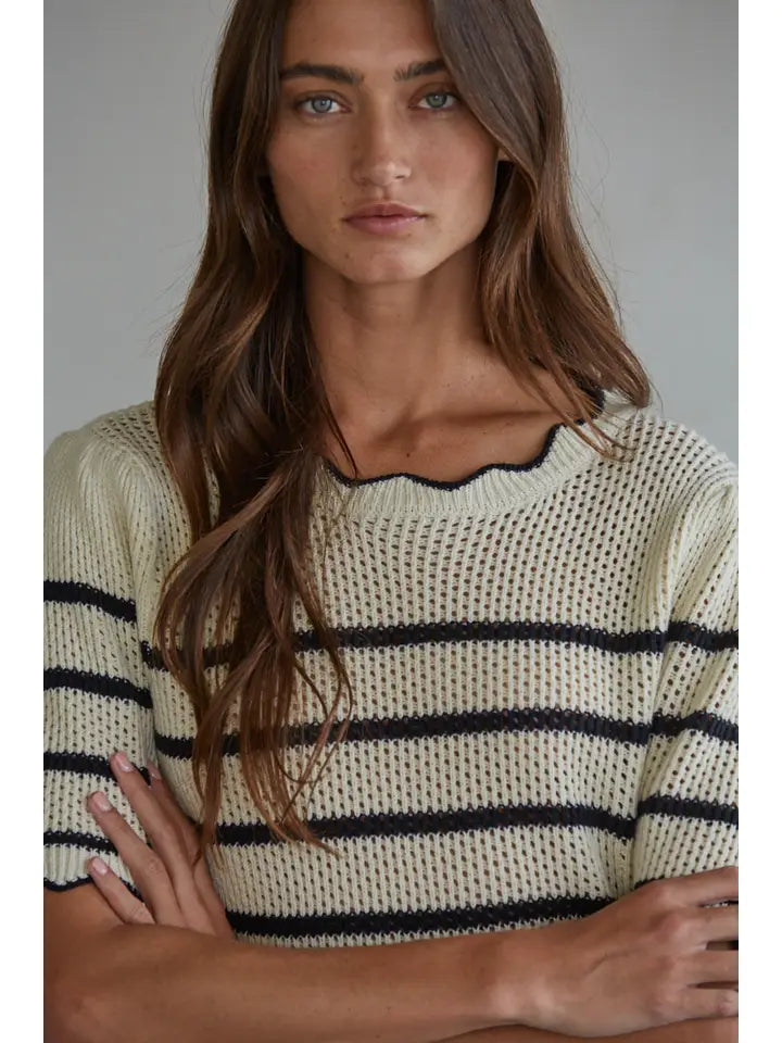 Scalloped Hem Crochet Top - Cream Black