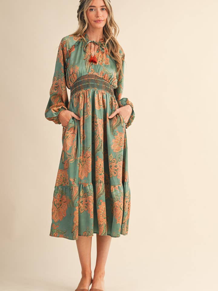 Paisley Smocked Midi Dress - Emerald Multi