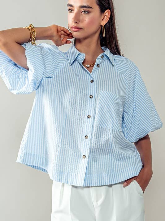 Balloon Sleeve Button Down - Blue