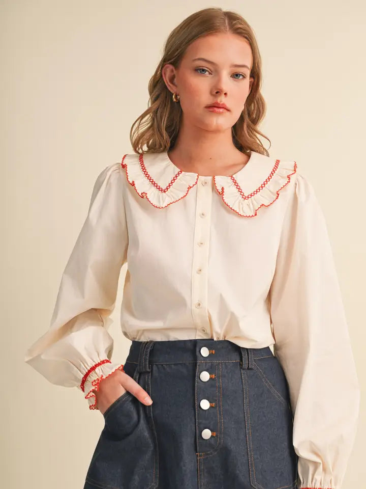 Embroidered Ruffled Doll Collar Button Up Top - Cloud Cream