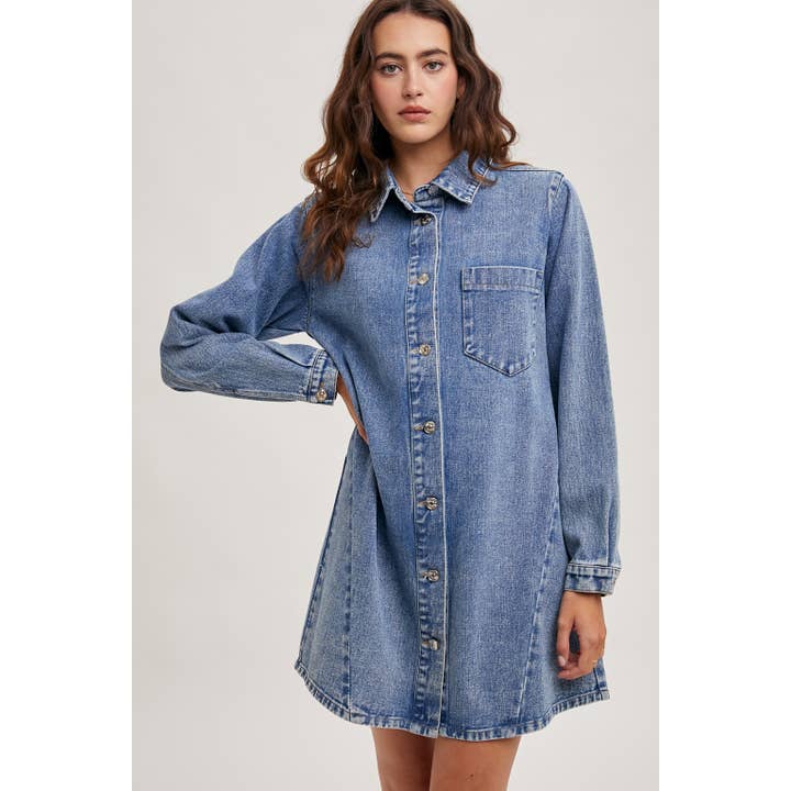 Denim Button Down Shirt Dress - Washed Blue