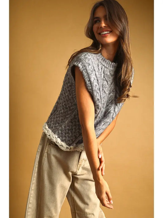 Cable Knit Sweater Vest - Heather Grey