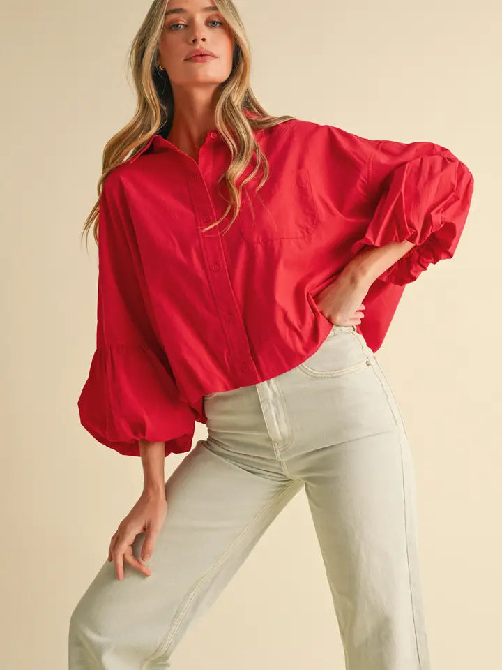 Bubble Sleeve Button Down - Berry Red