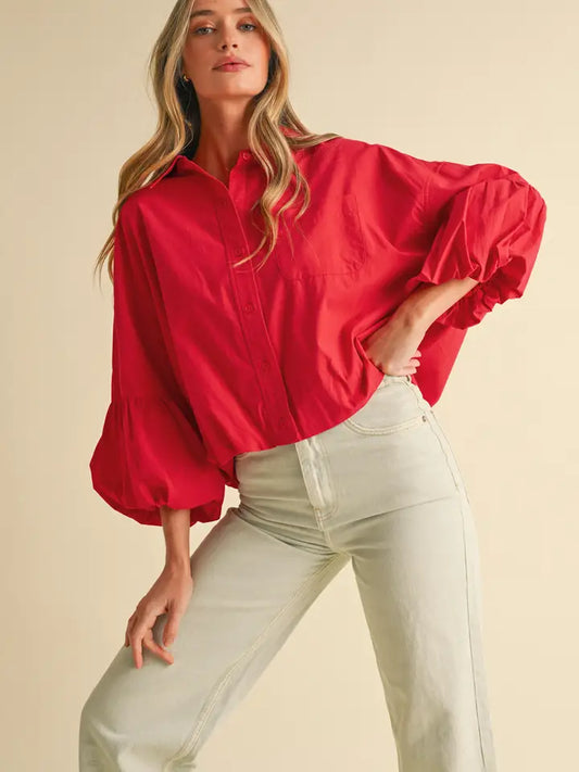 Bubble Sleeve Button Down - Berry Red