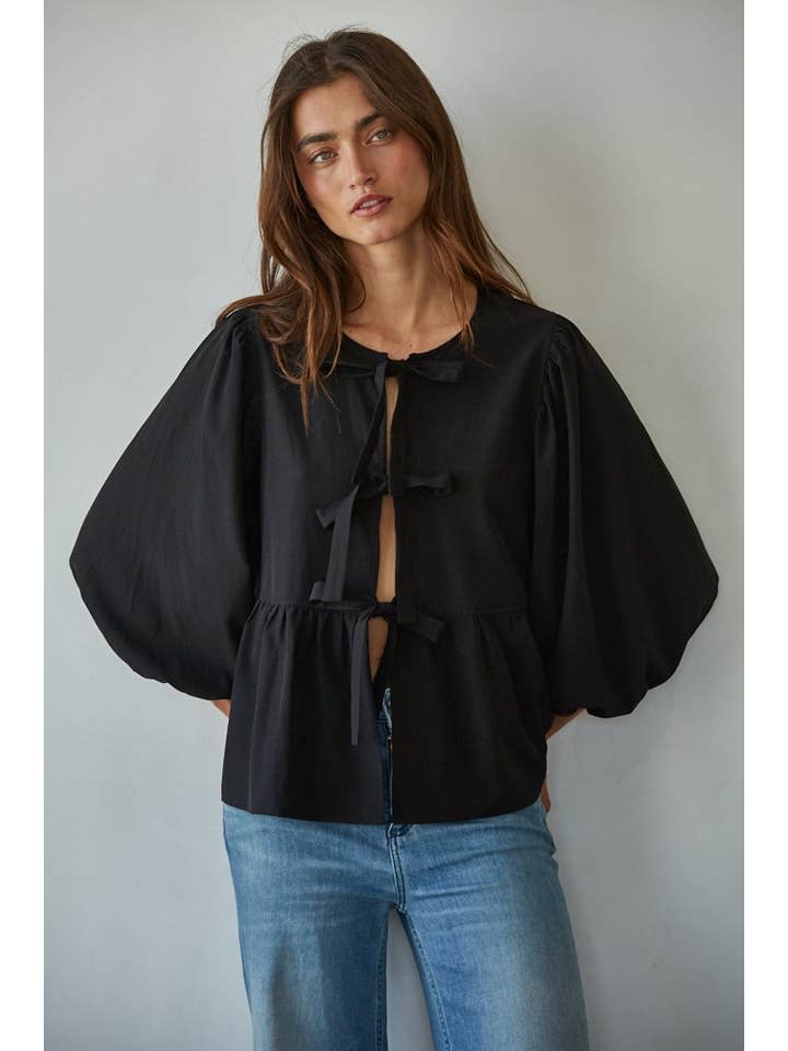 Ribbon Tie Strap Blouse - Black