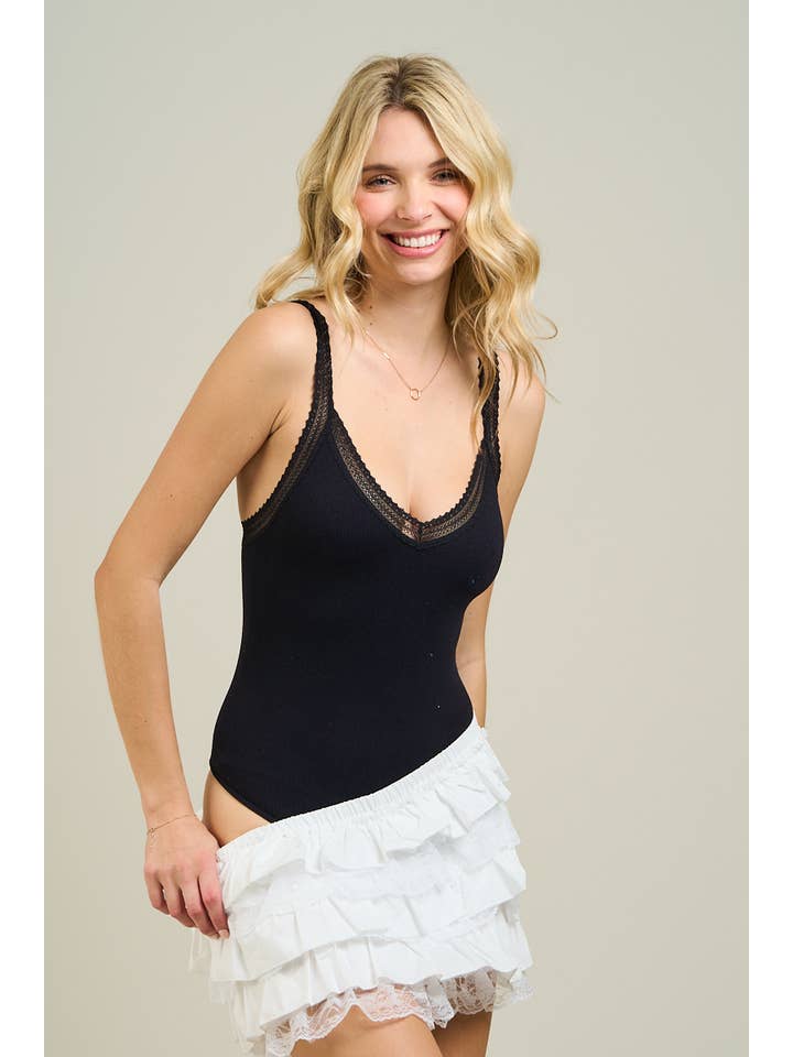 Lace Trim Bodysuit - Black
