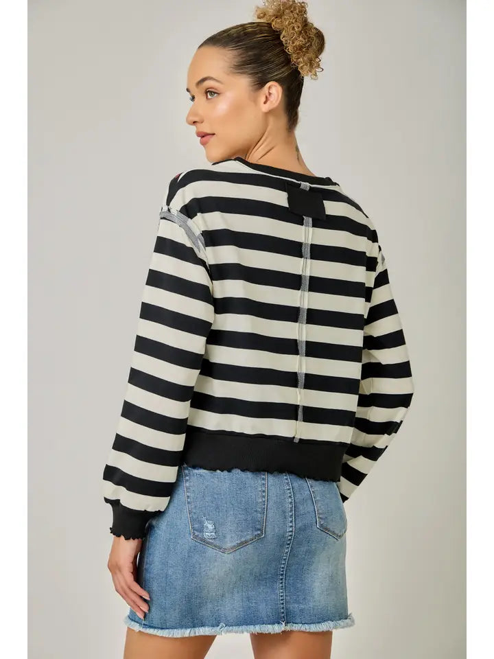 Embroidered Stripe Sweatshirt - Black/Ivory