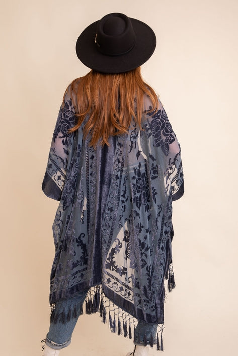 Velvet Mesh Tapestry Tassel Kimono - Blue
