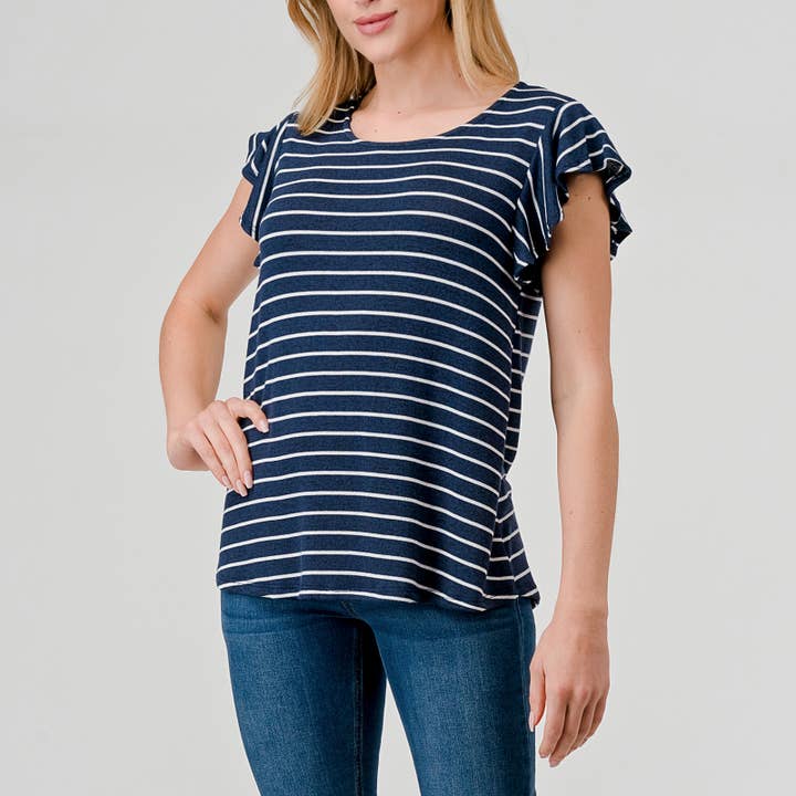 Flutter Sleeve Stripe Top - Navy/White