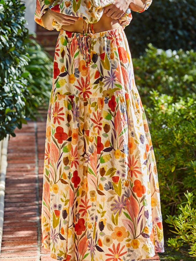 Woven Floral Midi Skirt - Desert Tan Multi