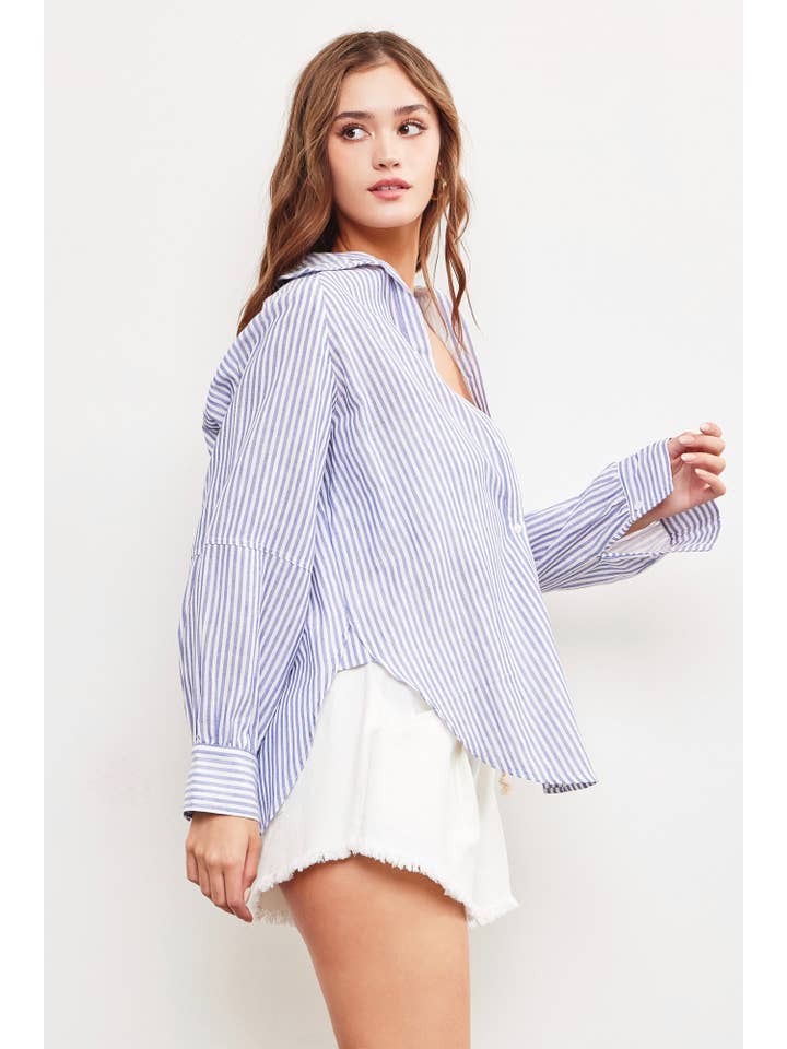 Striped Button Down Shift - Denim Blue