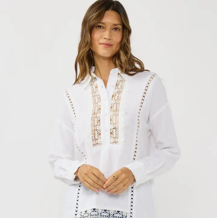Lace Trim Linen Shirt - White