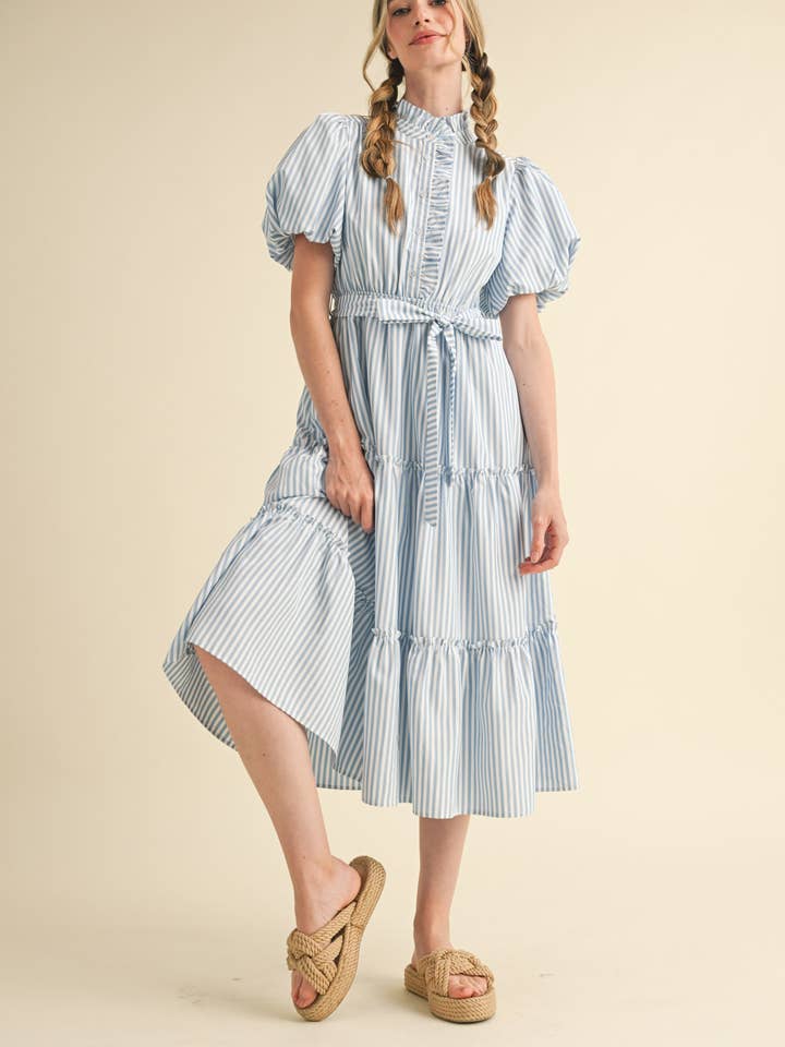 Striped Ruffled Midi Dress - Sky Blue
