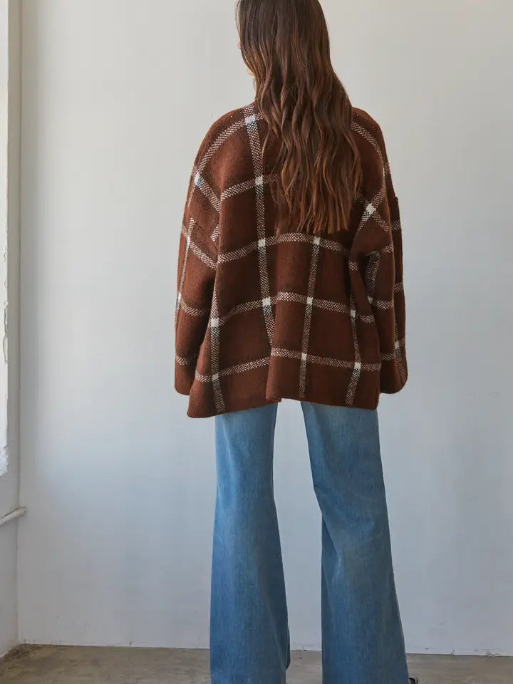 Open Front Cardigan Top - Brown/White