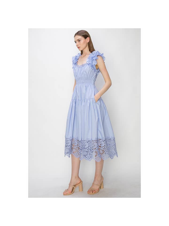 Ruffle Sleeve Midi Dress - Blue