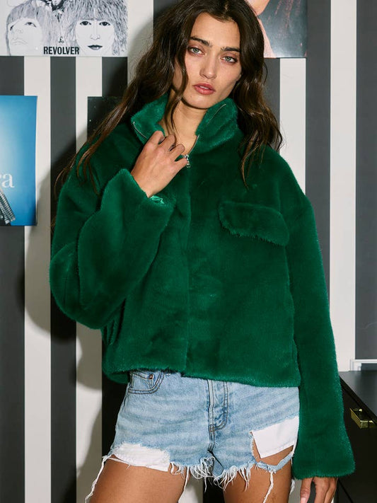 Zip-Up Faux Fur Crop Jacket - Green