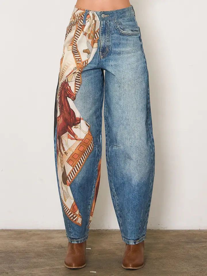 Horse Scarf Digital Print Baggy Jeans - Medium Stone