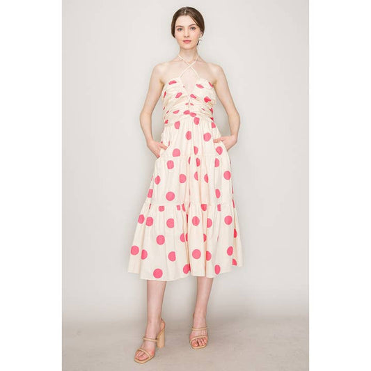 Polka Dot Halter Neck Midi Dress - Cream