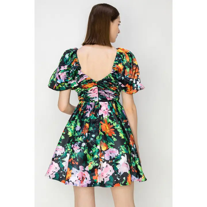 V-Neck Floral Mini Dress - Black Multi