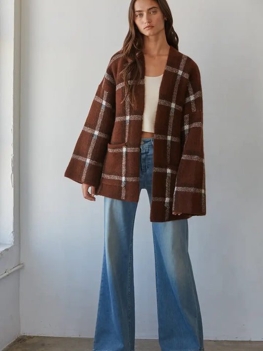 Open Front Cardigan Top - Brown/White