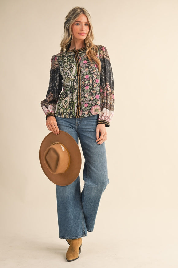 Patchwork Print Button Down - Olive Floral