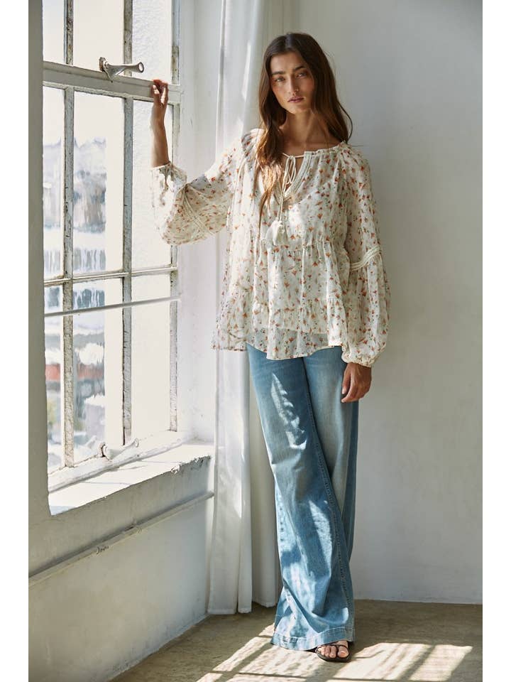 Floral Print Wide Neck Top - Ivory Multi