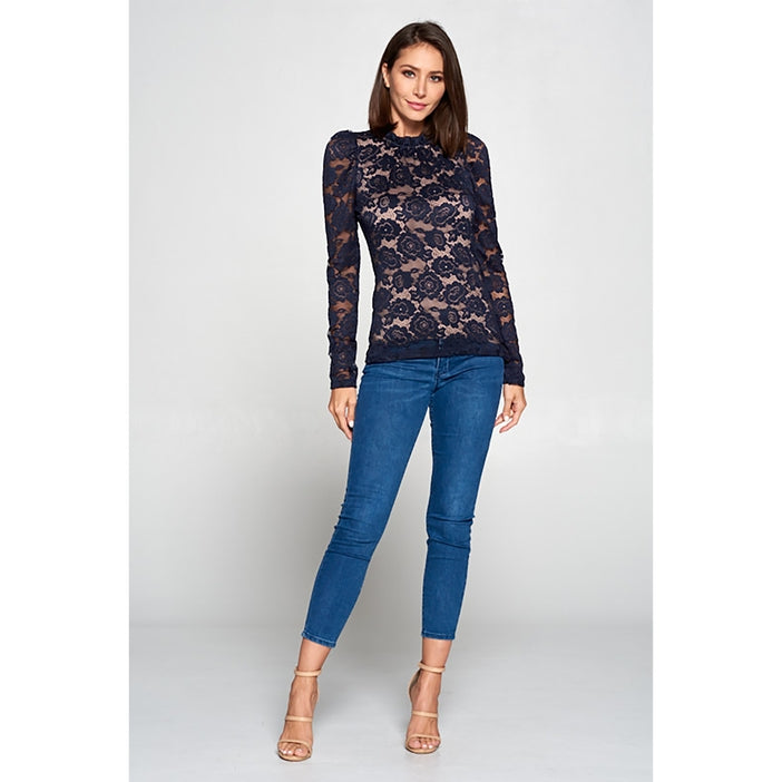 Floral Lace Ruffle Neck Top - Navy