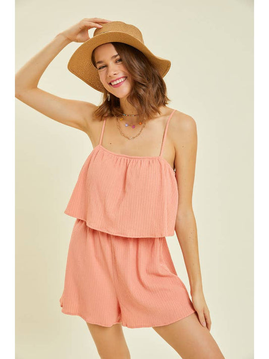 Crinkle Cami Romper - Coral