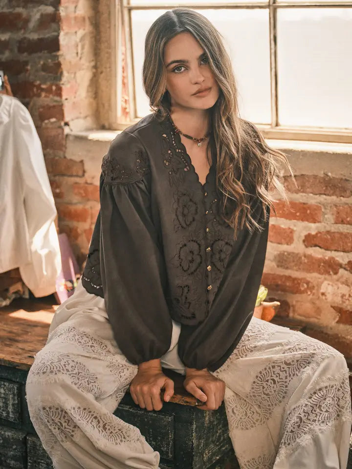 Vegan Leather Embroidered Blouse Top - Brown