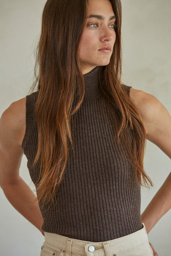 Knit Turtleneck Sleeveless Pullover Top - Dark Chocolate