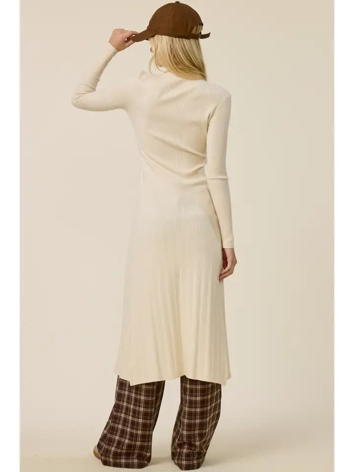 Collared Ribbed Knit Duster Cardigan - Ecru